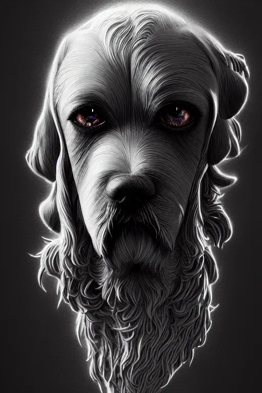 Image similar to dog as mourning crying phantom, very detailed face, detailed features, fantasy, circuitry, explosion, dramatic, intricate, elegant, highly detailed, digital painting, artstation, concept art, smooth, sharp focus, illustration, art by gustave dore, octane render