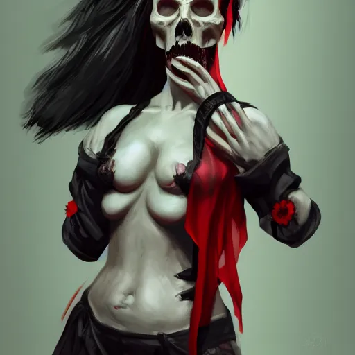 Image similar to Female death. holding a red and black skull. with the top cut off in one hand up to her face like hamlet, kodachrome, high contrast, highly detailed, sharp focus, digital painting, concept art, illustration, trending on artstation,