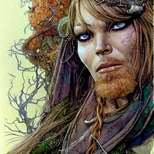 Image similar to a realistic and atmospheric watercolour fantasy character concept art portrait of brigitte bardot as a druidic warrior wizard looking at the camera with an intelligent gaze by rebecca guay, michael kaluta, charles vess and jean moebius giraud