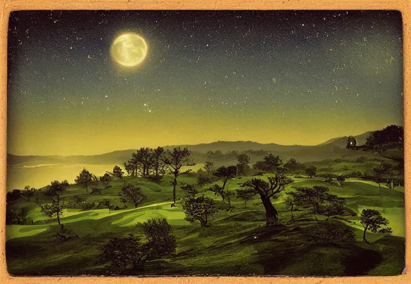 Prompt: eerie moonlight, stone walls, birds eye view of a perfect elysian dreamlike green hilly pastoral astral psychedelic golf course landscape with stone walls under cosmic stars, cherished trees, memory trapped in eternal time, golden hour, dark sky, evening starlight, haunted vintage psychedelic painted polaroid by hiroshi yoshida