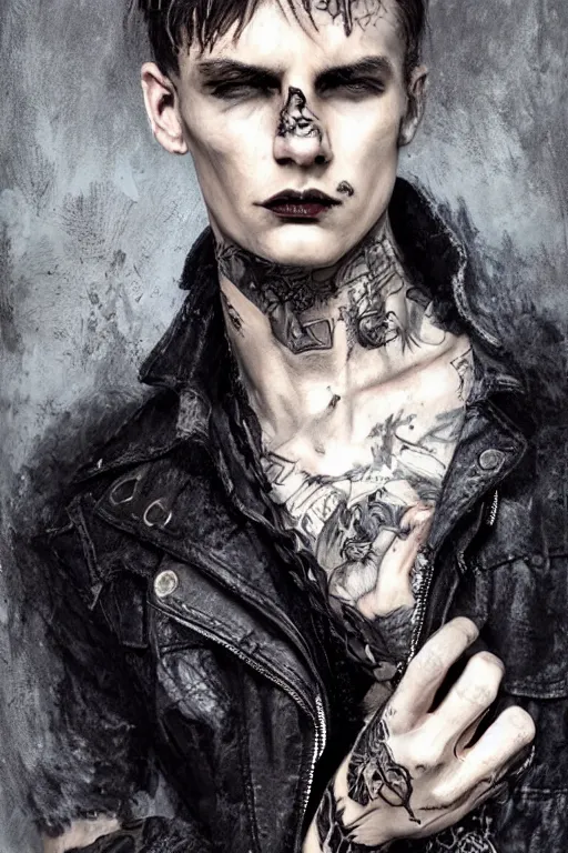 Image similar to a rough looking young man, buzzed hair, gothic, tattered leather coat, intricate, elegant, dramatic lighting, gorgeous face, highly detailed, lifelike, photorealistic, digital painting, artstation, illustration, concept art, smooth, sharp focus, art by John Collier and Albert Aublet and Krenz Cushart and Artem Demura and Alphonse Mucha