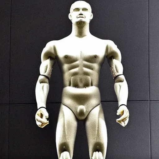 Image similar to “a realistic detailed photo of a guy who is an attractive humanoid who is half robot and half humanoid, who is a male android, boxer Canelo Álvarez, shiny skin, posing like a statue, blank stare”