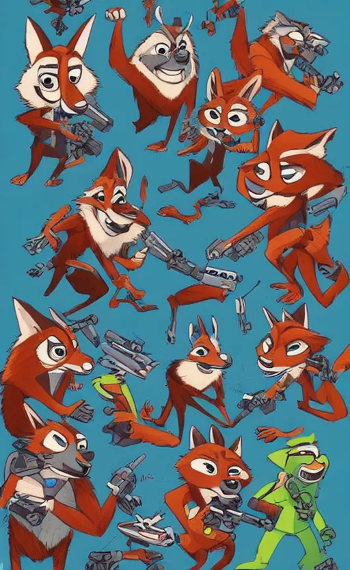 Image similar to “red racoons facing off with blue racoons in the style of zootopia, they’re all holding a laser gun”