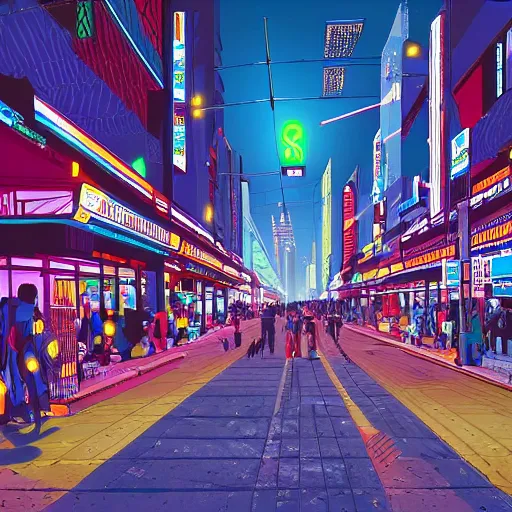 Prompt: ndebele cyberpunk city of the future, bustling street scene, ndebele neon lights, ndebele fashion, high definition, detailed, futuristic, night scene, realistic