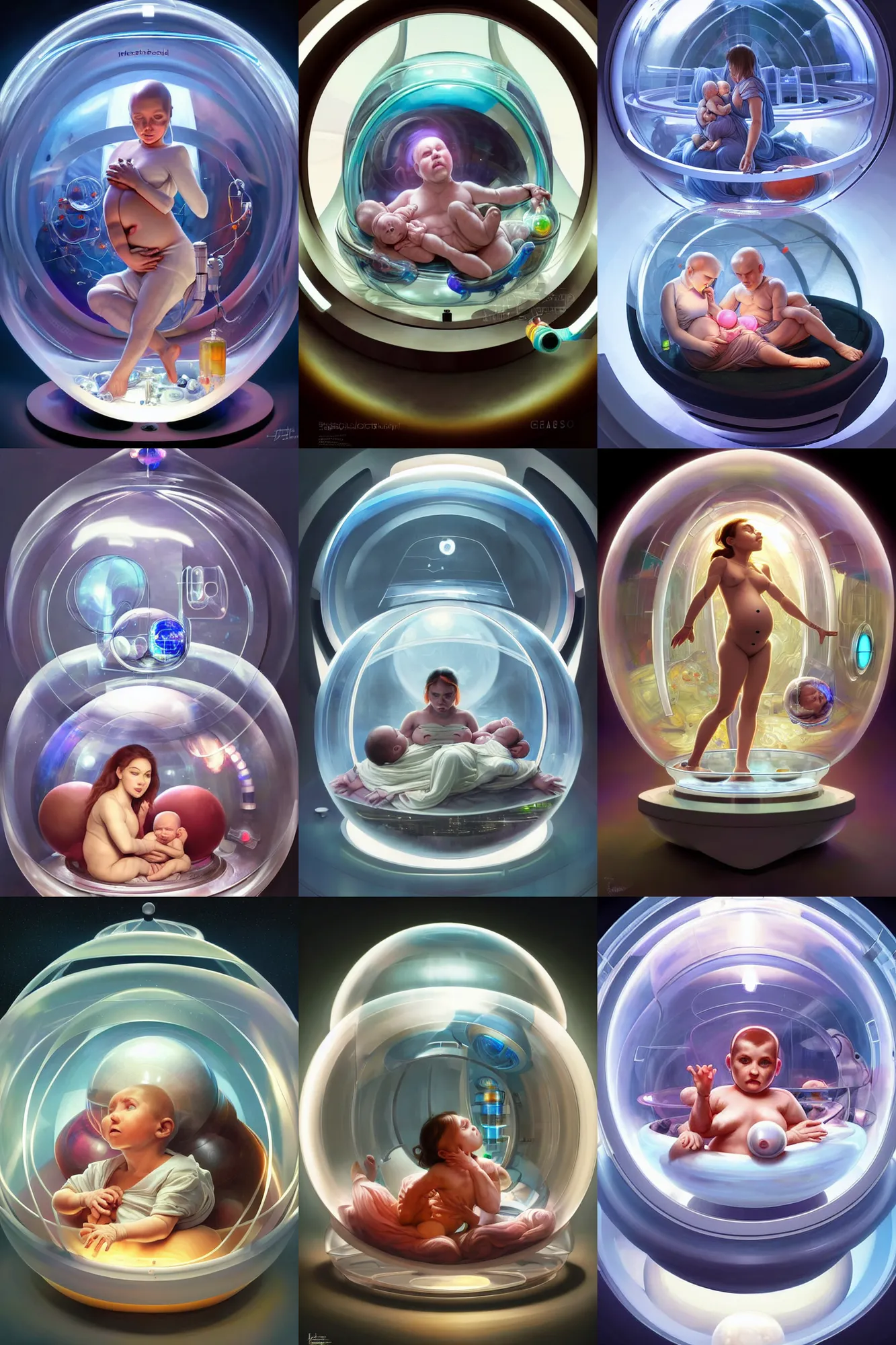 Prompt: high-tech spherical mediacal incubator, human baby inside an spherical incubator , futuristic medical bay, glass pipes with colorful liquids , DNA experiment, biopunk, sci-fi , futuristic, fantasy, highly detailed, digital painting, artstation, concept art, smooth, sharp focus, illustration, art by artgerm and greg rutkowski and alphonse mucha