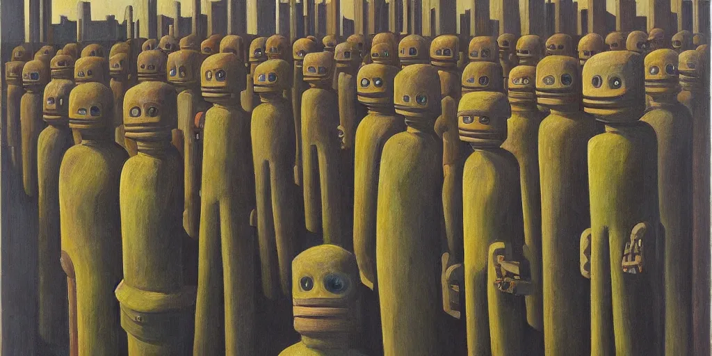 Prompt: row of robots guarding a brutalist castle, evil visages, dystopian, pj crook, edward hopper, oil on canvas