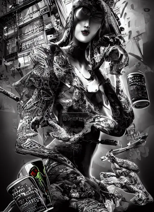 Image similar to duck drinks energy drink monster energy, elegant, sophisticated, fashionable cyberpunk gravure idol, an ultrafine hyperdetailed illustration by kim jung gi, irakli nadar, intricate linework, bright colors, porcelain skin, unreal engine 5 highly rendered, fashion photography, global illumination, radiant light, detailed and intricate environment