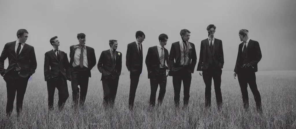 Image similar to 1 3 mm film photograph of a group of tall suited men in a field, liminal, dark, thunderstorm lightning, dark, flash on, blurry, grainy, unsettling