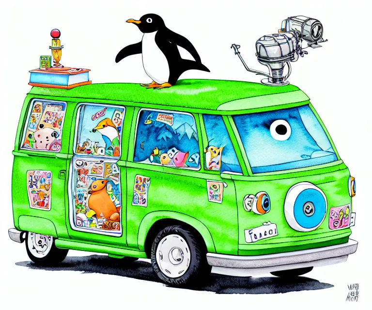 Prompt: cute and funny, penguin riding in a tiny mystery machine van with an oversized engine, ratfink style by ed roth, centered award winning watercolor pen illustration, isometric illustration by chihiro iwasaki, edited by range murata, tiny details by artgerm and watercolor girl, symmetrically isometrically centered, sharply focused