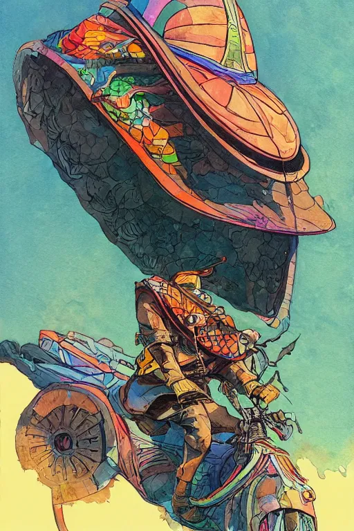 Prompt: wide angle on fantasy lama rider with hood or hat, scifi, art by moebius, in watercolor gouache detailed paintings, in style of syd mead, colorful comics style, artstation