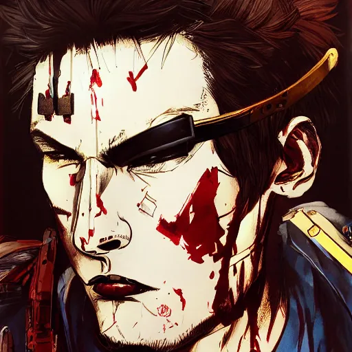 Image similar to portrait of a young white hero using his right arm to hold his sword covering his eye illustrated by yoji shinkawa, high quality, extra details, realism, ornate, colored, golden chain, blood, white skin, short hair, brown eyes, vivid, sunlight, red headband, black eyepatch, white american soldier, painting, cybernetics, military