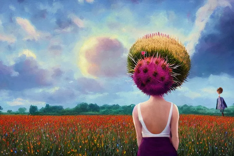 Prompt: thistle flower under head, a girl in a suit in field of flowers, surreal photography, sunrise, blue sky, dramatic light, impressionist painting, digital painting, artstation, simon stalenhag