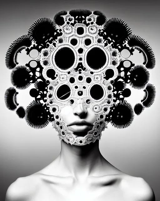 Prompt: surreal black and white photo portrait of complex biomechanical beautiful young female vegetal-cyborg with a mandelbrot fractal metal fine lace face, silver hair, 150 mm lens, soft rim light, fine metal floral foliage super big lace collar by Alexander McQueen, high fashion, haute couture, rococo, steampunk, silver filigree details, anatomical, facial muscles, cable wires, microchip, elegant, hyper realistic, octane render, unreal engine, in the style of Man Ray, by Dora Maar, volumetric lighting, 8k,