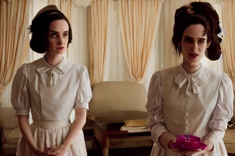 Prompt: mid-shot of winona ryder as a maid in the new movie directed by Wes Anderson, symmetrical shot, idiosyncratic, relentlessly detailed, pastel, limited colour palette, detailed face, movie still frame, promotional image, imax 70 mm footage