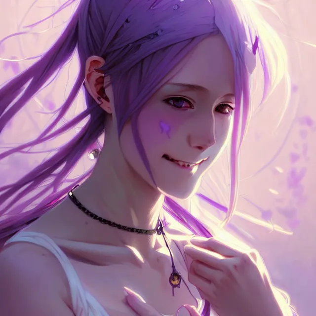 Image similar to anime girl with lavender hair, purple eyes and white dress, black jewellery, digital artwork, very beautiful face, pretty smile, extremely detailed art by greg rutkowski and alphonse mucha