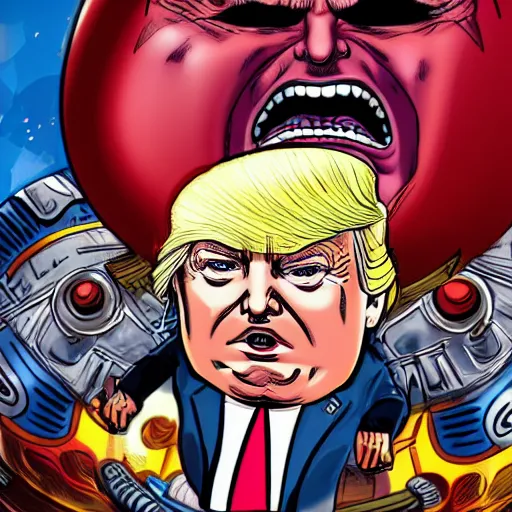 Image similar to donald trump's head as modok, the mental organism designed only for killing, little man in hovering throne, full body, psychic alien with huge head, marvel supervillain character