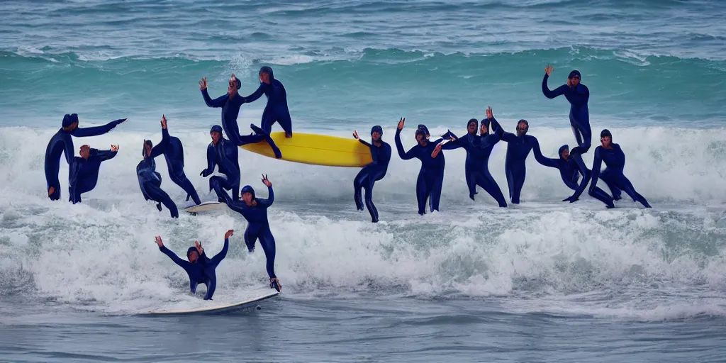 Image similar to devil worshippers in robes belonging to the cult of the ocean surfing in waves, standing on surfboards, surfing inside one large barreled wave, high detailed colors, blue