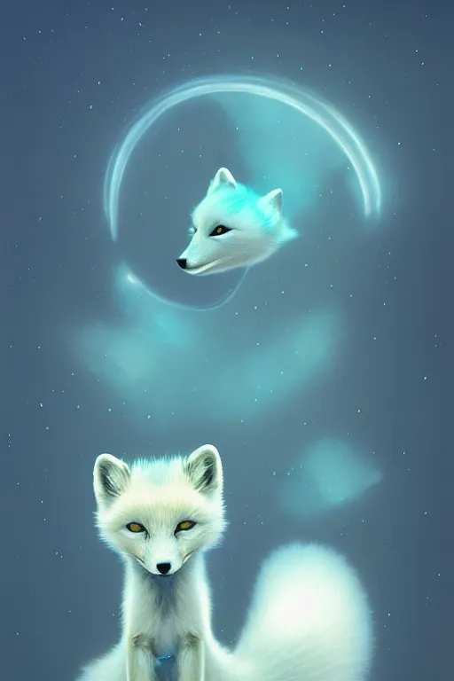 Image similar to a surreal Bioluminescent, very very very cute Arctic Fox in a happy world by Daniel Merriam, Trending on Artstation, oil on Canvas by Elena Zhurikhina and Goro Fujita and Charlie Bowater, octane render, 4k, 8k, HD