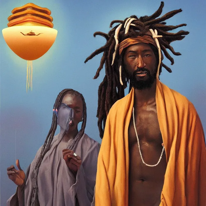 Image similar to UFO hovering around an African Jesus with dreadlocks, portrait painting by Hsiao-Ron Cheng,