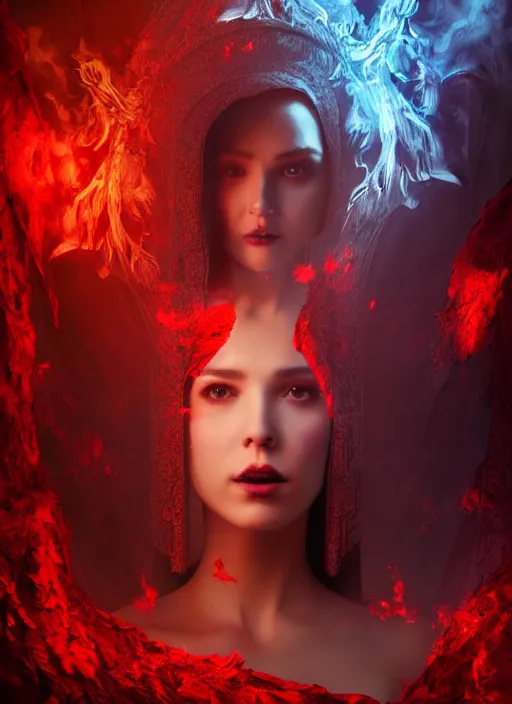 Image similar to a beautiful detailed 3 d matte painting, variations around female, queen, necromancer, symmetrical features, vertical portrait, whirling smoke, embers, red adornements, red torn fabric