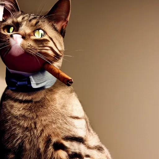 Image similar to a high detail closeup shot of a cat wearing a suit and smoking a cigar