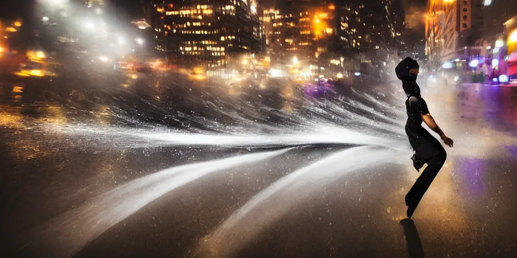 Prompt: fisheye lens trail effect of futuristic break dancer wearing floating very long dress, long exposure shot , at night in the middle of a rainy street with rim lights, paddle of water with steam and fog with water splashes, glossy reflections, water droplets on lens, tongue of fire, detailed and soft, fisheye lens, smooth, sharp focus