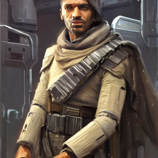 Image similar to portrait of a man by greg rutkowski, a jedi commander, arabian features and olive skin, long black hair, wise appearance, wearing the tactical gear of the galactic alliance, star wars expanded universe, he is about 4 0 years old, highly detailed portrait, digital painting, artstation, concept art, smooth, sharp foccus ilustration, artstation hq