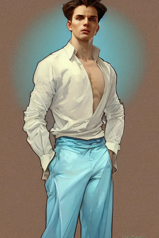 Image similar to full figure portrait of a single beautiful young fit man, dressed of modern transparent fluent shirt and large pants, by greg rutkowski and alphonse mucha, d & d character, gradient brown to cyan, interior design background, highly detailed portrait, digital painting, artstation, concept art, smooth, sharp focus ilustration, artstation hq