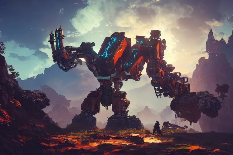 Image similar to rockbreaker machine mecanical creature robot of horizon forbidden west horizon zero dawn radiating a glowing aura global illumination ray tracing hdr fanart arstation by ian pesty and alena aenami artworks in 4 k