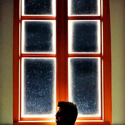 Image similar to man by the window. Saturn is in the window.