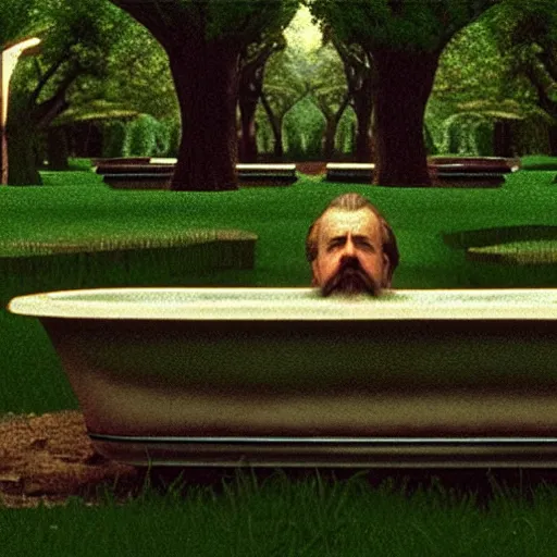 Image similar to hyperrealism photography computer simulation visualisation of parallel dark universe detailed old bath in the detailed ukrainian village garden in dramatic scene from movie the big lebowski ( 1 9 9 8 ) by taras shevchenko and alejandro jodorowsky and andrei tarkovsky