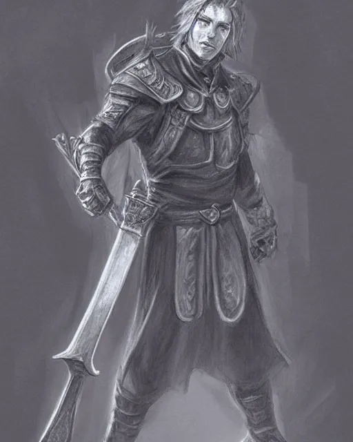 Image similar to a pencil concept art of a D&D character, holding a sword