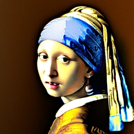 Image similar to the girl with the pearl earring with the face of mona lisa in the style of vermeer, desaturated, minimalistic, soft skin tones