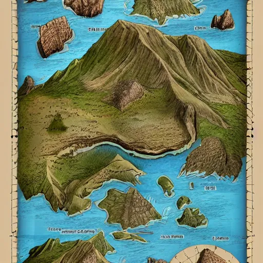 Image similar to imaginary map of an island, drawing of different elements in the lands, different realms, blueprint, infographic, on paper, natural colors, vintage, with notes, highly detailed, trending on artstation, fantasy art