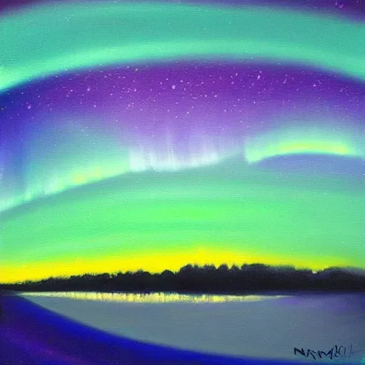 Image similar to a painting of the aurora borealis in the night sky, an oil on canvas painting by Nína Tryggvadóttir, deviantart, metaphysical painting, bioluminescence, nightscape, sense of awe