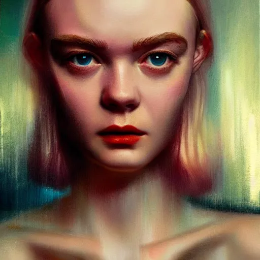 Prompt: a striking hyper real oil painting of Elle Fanning with cybernetics in the style of Blade Runner