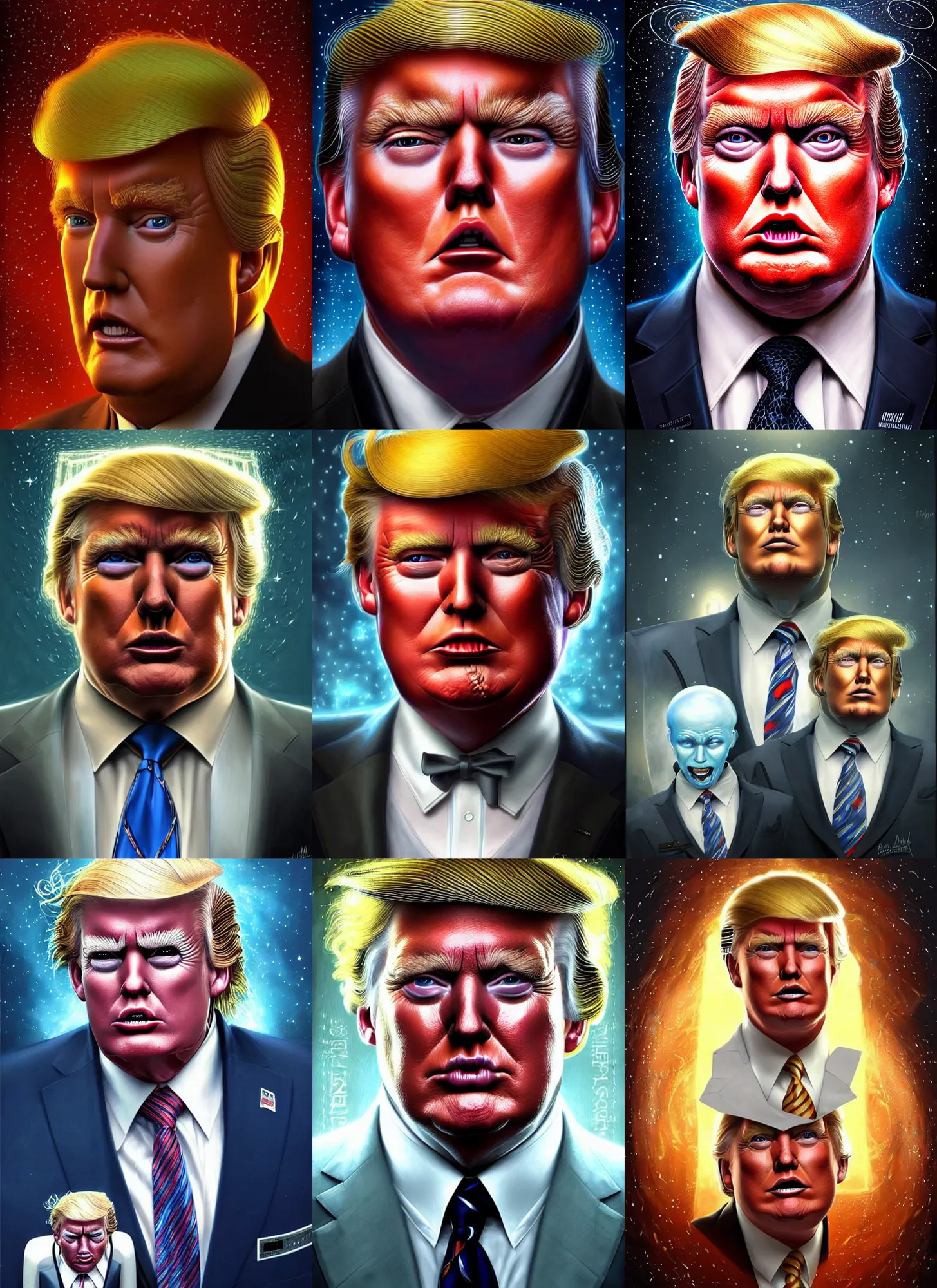 Prompt: portrait of a robot that looks exactly like donald trump, cosmic horror painting, elegant intricate digital painting artstation concept art by mark brooks and brad kunkle detailed