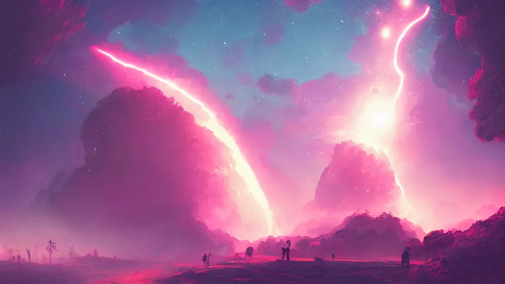 Image similar to large glowing pink meteor shower crashing down on earth, waves of energy, by sylvain sarrailh, rossdraws, ambient light, ultra detailed, fantasy artwork, 8 k, volumetric lighting, trending on artstation, award winning, very beautiful.