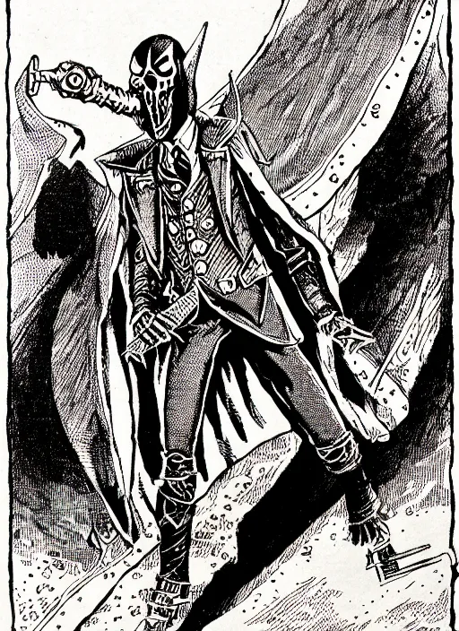 Image similar to spring - heeled jack d & d style illustration, full body, pen - and - ink illustration, etching, by russ nicholson, david a trampier, larry elmore, 1 9 8 1, hq scan, intricate details, inside stylized border