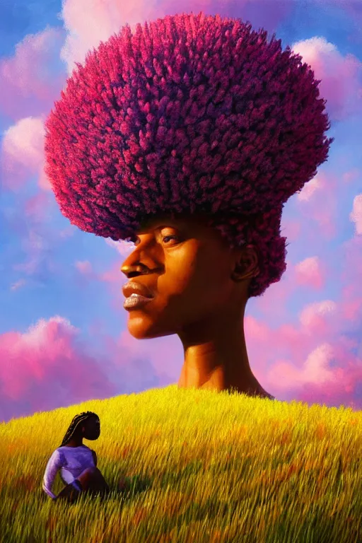 Image similar to closeup, giant flower as head, african woman in heather field, surreal photography, golden hour, colorful clouds, impressionist painting, digital painting, artstation, simon stalenhag