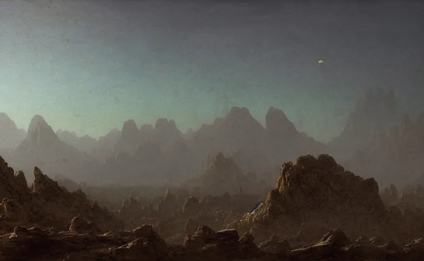 Image similar to plutonian landscape, very dim, close up shot, rocky, at dusk, distant mountains, 4k, rule of thirds, extreme detail, hazy, intricate ink illustration, surreal, surrealist, trending on artstation, cgsociety, hd, calm, complimentary colours, realistic lighting, by Albert Bierstadt, Frederic Edwin Church.