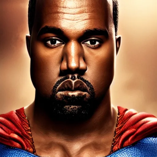 Image similar to Portrait of Kanye West as superman, heroic, amazing splashscreen artwork, splash art, head slightly tilted, natural light, elegant, intricate, fantasy, atmospheric lighting, cinematic, matte painting, detailed face, by Greg rutkowski