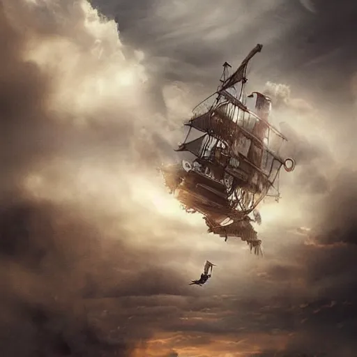 Prompt: cinematic shot epic portrait a steam punk ship flying in the clouds, hyper realistic, mood lighting, fantasy, detailed face, highly detailed, super realistic, perfect lighting