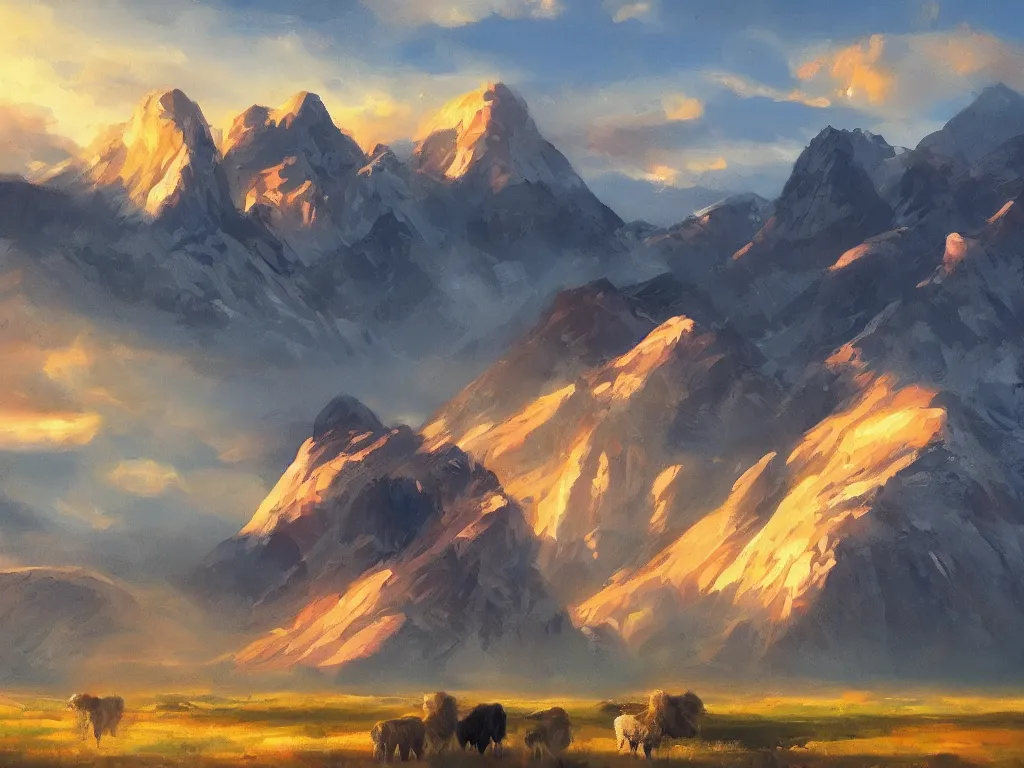 Prompt: bored llama acrylic dawn mountain landscape artstation