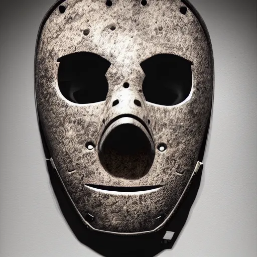 Prompt: Jason mask in a museum, dark, lonely, up-close, realistic, 8k, detailed