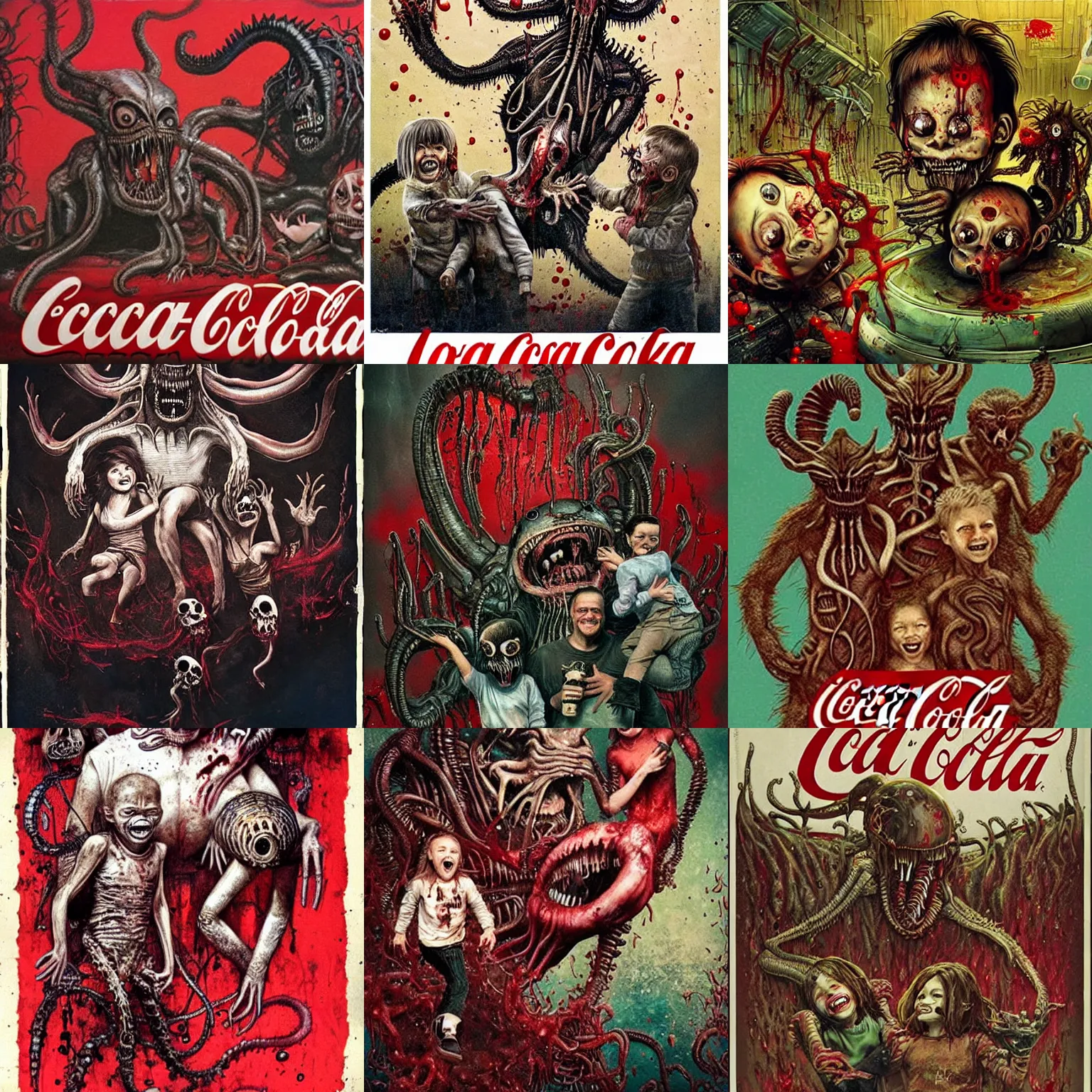 Prompt: dystopian! eldritch ratty! Lovecraftian! Coca Cola advertisement showing a smiling family doused and covered in blood and surrounded by rats and a xenomorph in the style of H.R. Giger!!