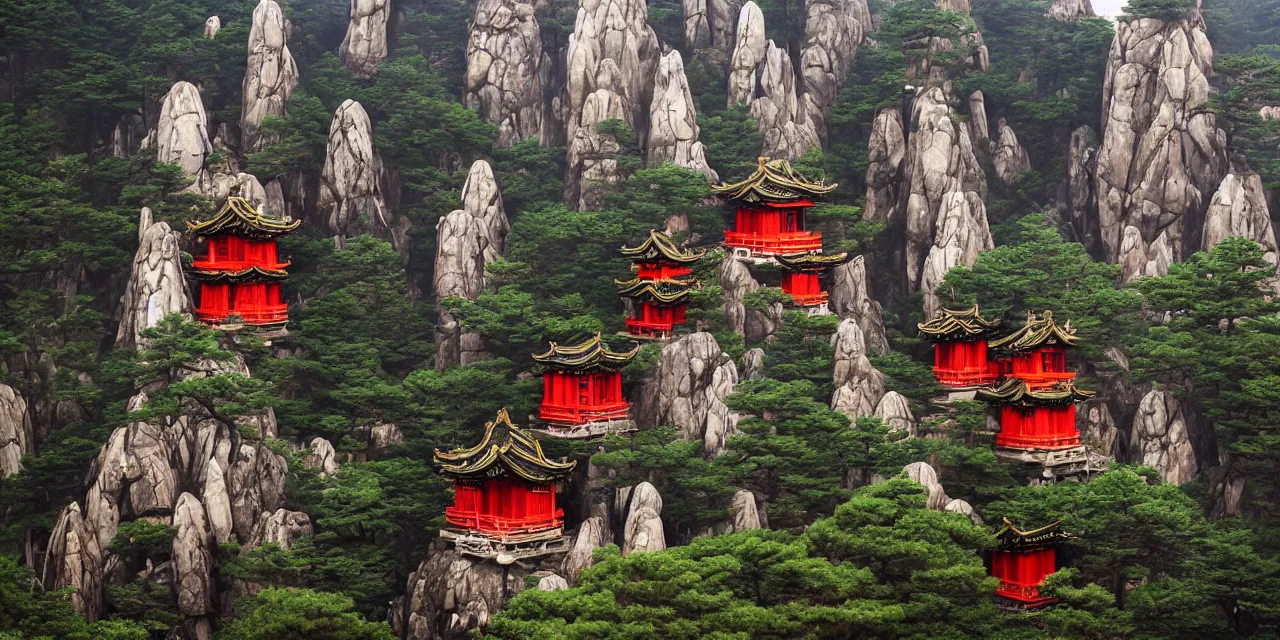 Prompt: the taoist temples of huangshan, masterpiece by ansel adams