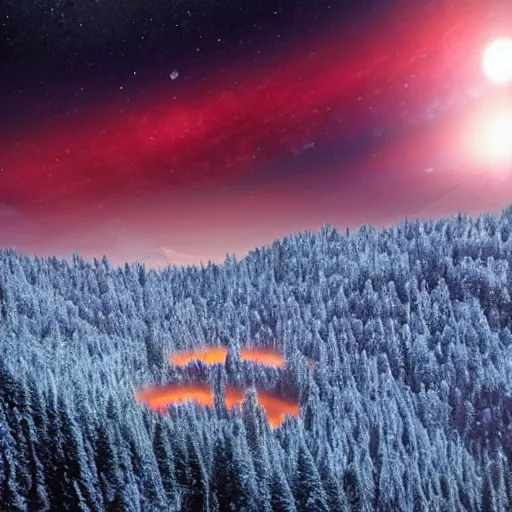 Image similar to A forested valley surrounded by snow-capped mountains at night, a red nebula and orange gas giant with rings in the sky, no clouds, sci-fi, photorealistic