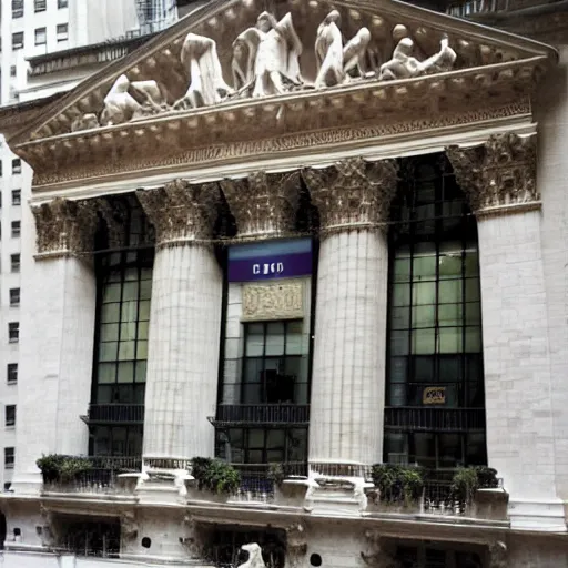 Prompt: new york stock exchange, abandoned, overgrown