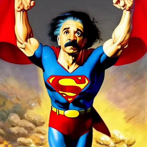 Prompt: ultra realistic portrait painting of albert einstein as superman, art by frank frazetta, 4 k, ultra realistic, highly detailed, epic lighting